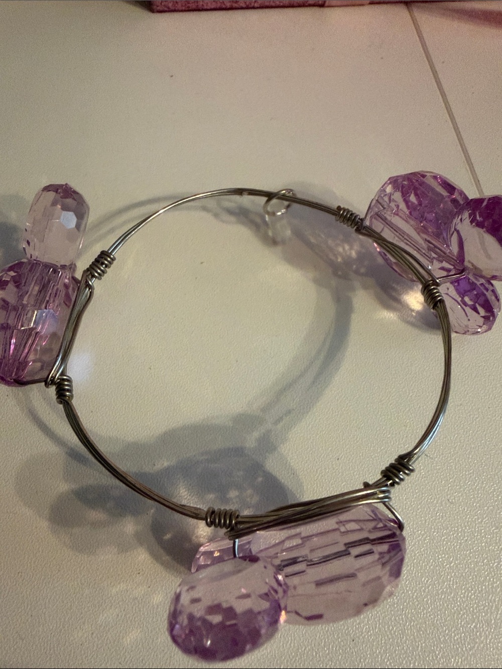 Silver Wire Bangle Bracelet with Light Purple  Charms